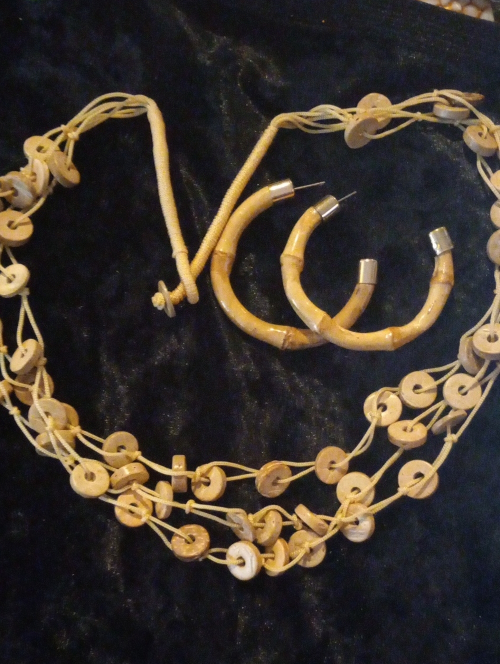 BAMBOO Beige Multi-Strand Button Necklace with Matching Hoop Earrings